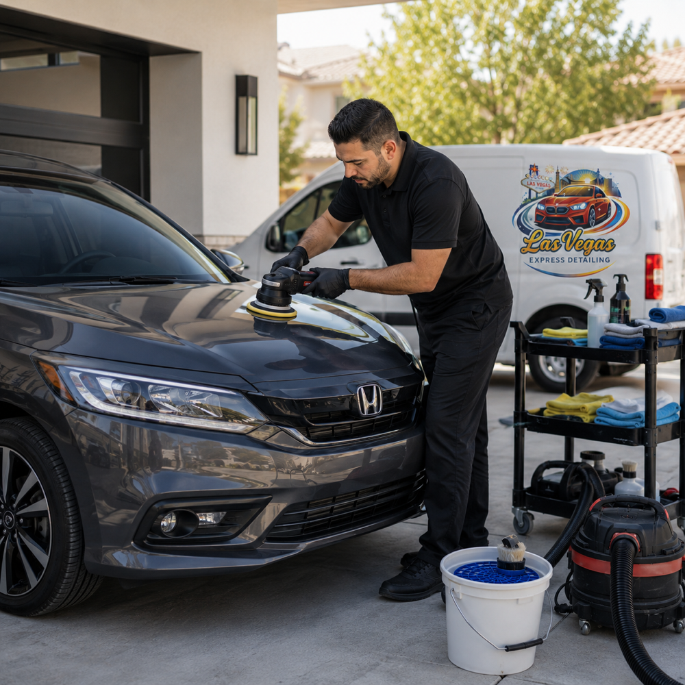Las Vegas Express Detailing technician machine polishing a car during auto detailing in Las Vegas, NV