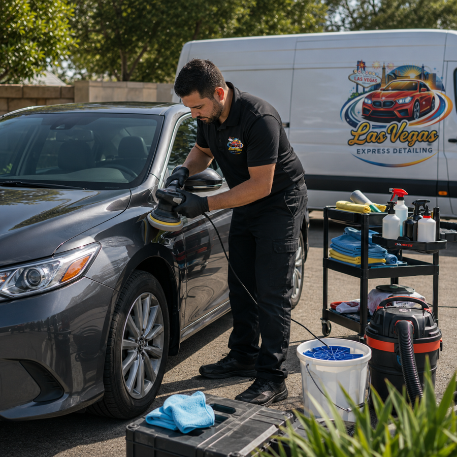 Las Vegas Express Detailing technician machine polishing a sedan after auto detailing in Las Vegas, NV