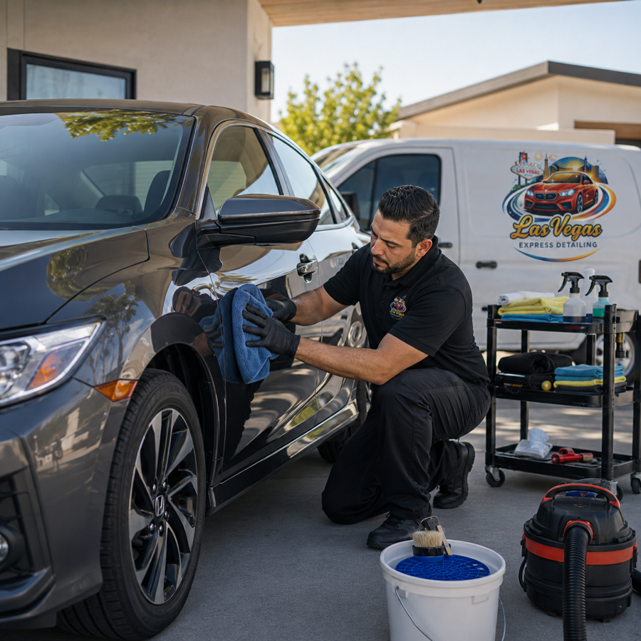 Las Vegas Express Detailing technician hand-finishing a vehicle during professional auto detailing in Las Vegas, NV